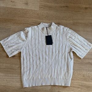 Beige Ribbed Short Sleeve Shimmer Sweater